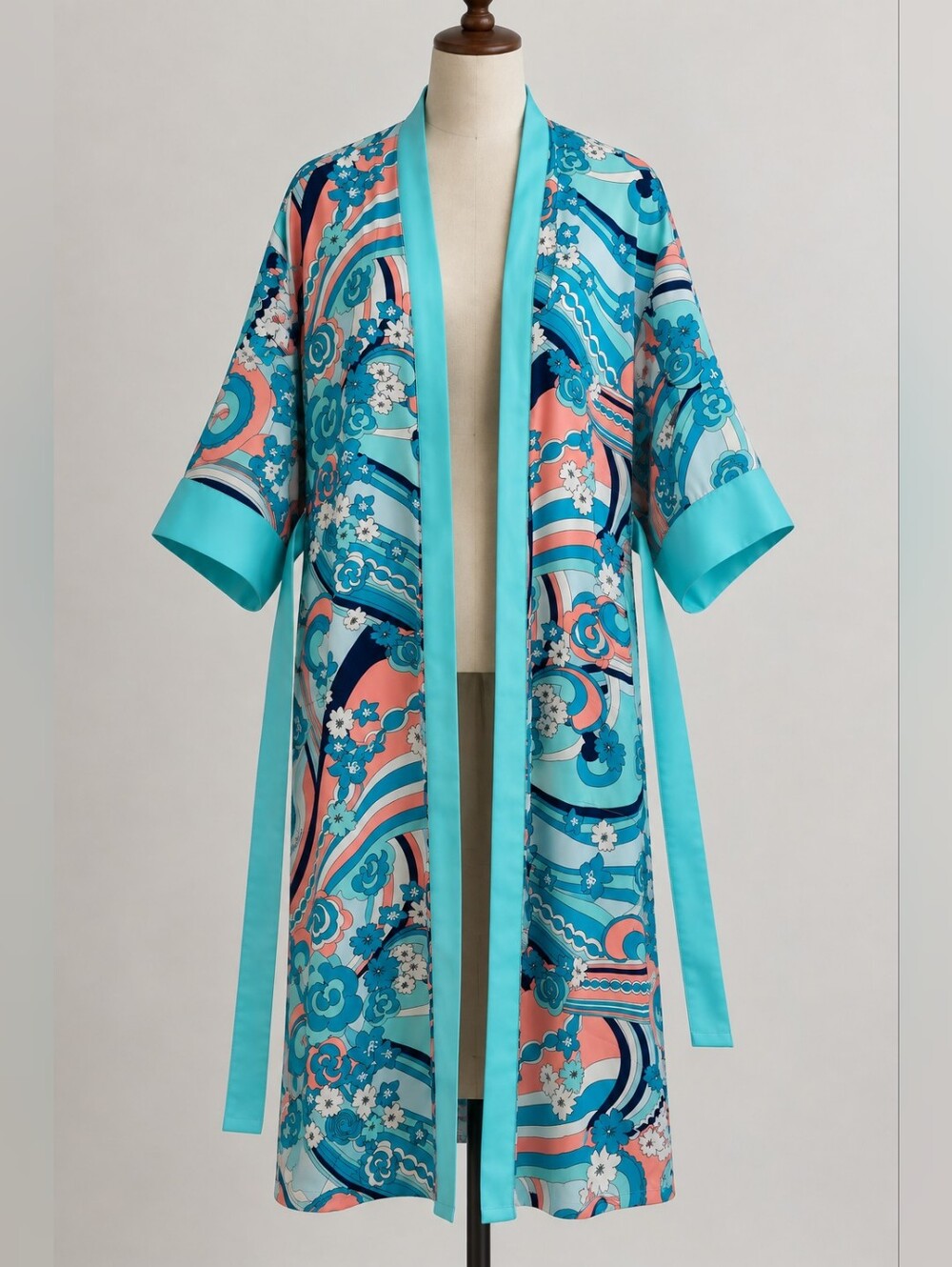 Kensie Womenโs Retro Floral Satin Kimono Robe Blue Pink Size S/M
